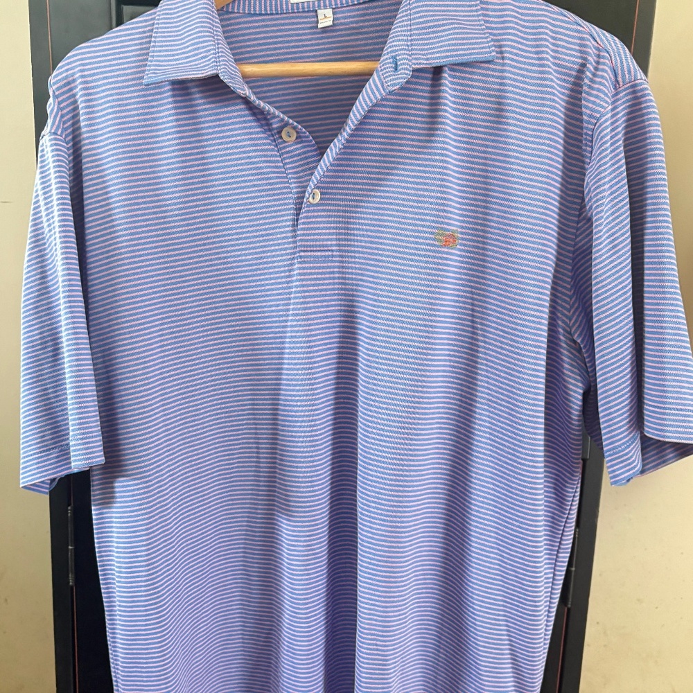 Peter Millar polo shirt; s/s, logo, striped; notched side hem; size L